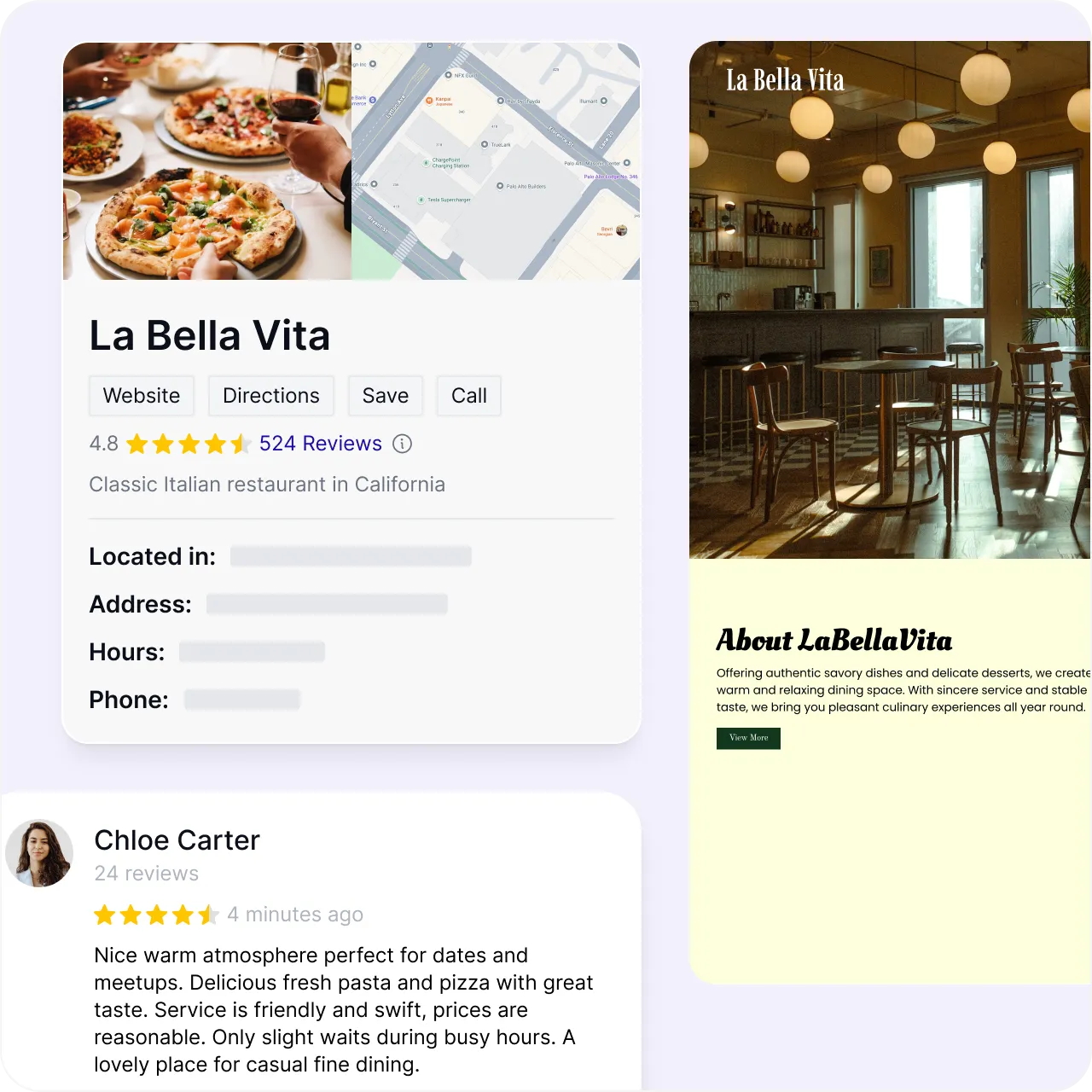 La Bella Vita Google Business Profile showing optimized local SEO visibility and business information