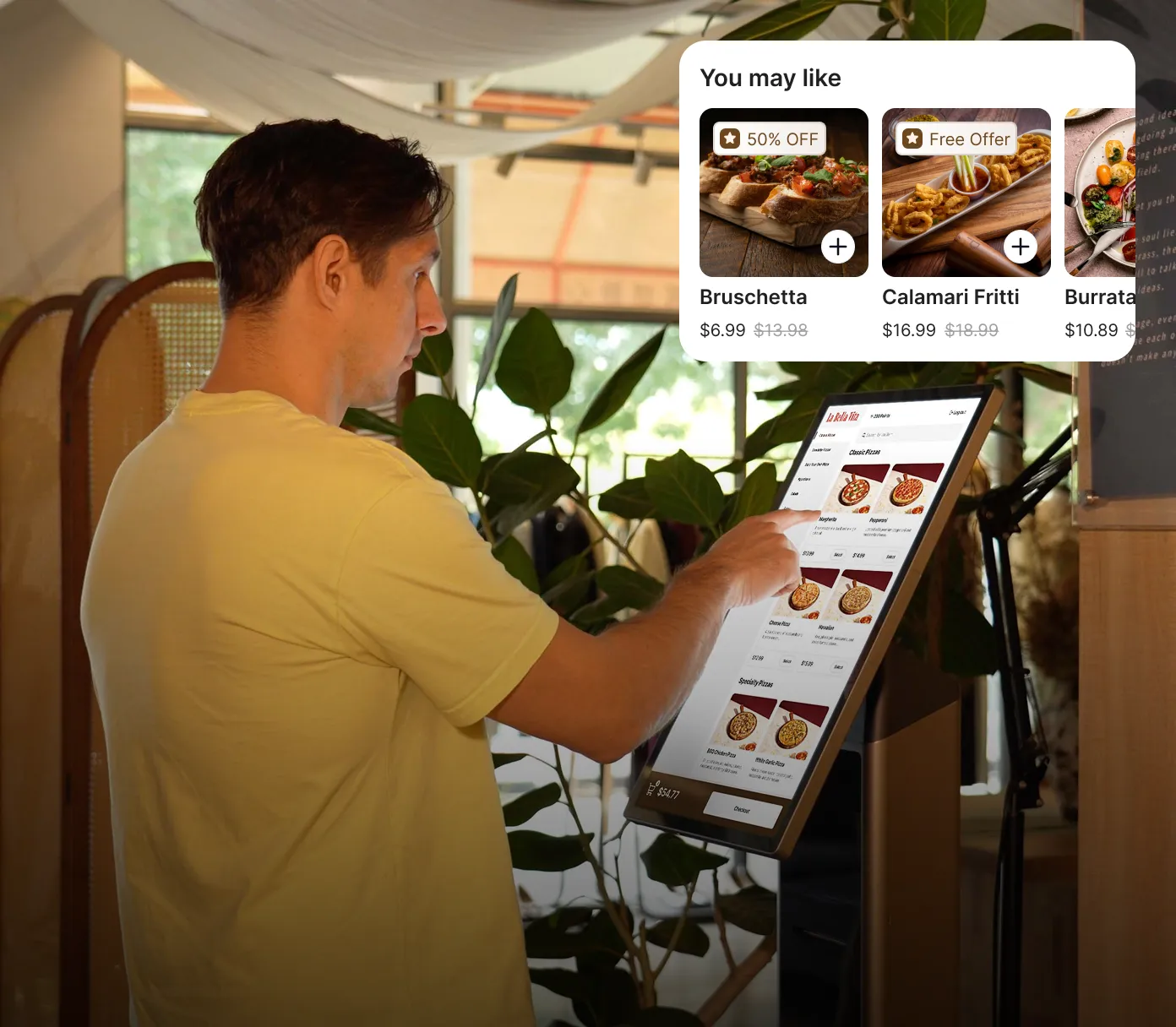 AI-powered upsell recommendations on restaurant self-ordering kiosk